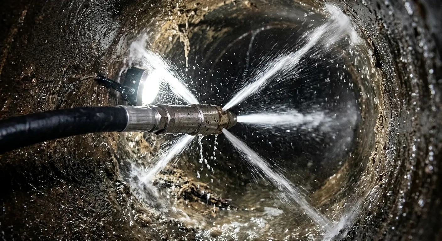 High-pressure hydro jetting nozzle cleaning sewer pipe for Trenchless Sewer Repair in Ormond-by-the-Sea