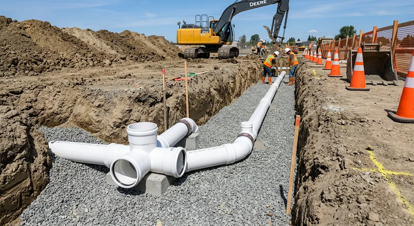 New PVC sewer pipe installation in open trench for Sewer Backup in Ormond-by-the-Sea