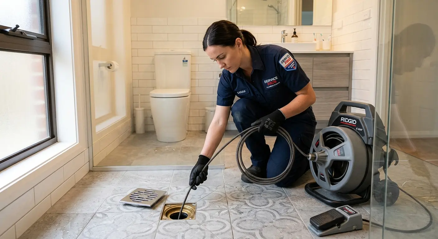 Technician clearing a bathroom floor drain for Drain Cleaning in Ormond-by-the-Sea